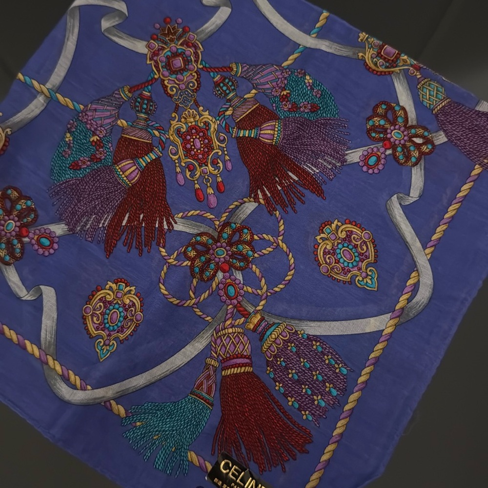 Celine Blue Silk Scarf with Multicolor Embroidery - Picture 3 of 3